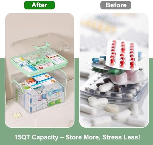 ANYPROLUS 15QT Clear Medicine Organizer Box with Handle, Plastic Medicine Container with Tray First Aid Box Empty, Thickened Medicine Storage Organizer Multipurpose Medication Organizer Storage