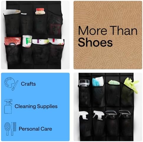 GORILLA GRIP Over the Door Shoe Organizer, 24 Large Pockets, Black