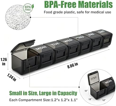 2 Pack Weekly Pill Organizer, Large 7 Day Travel Pill Case (White & Black)