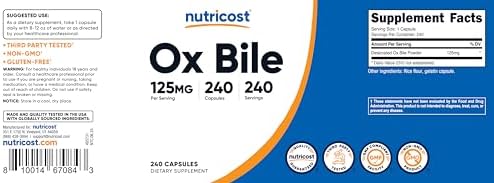 Nutricost Ox Bile Capsules 125mg, 240 Capsules - Non-GMO