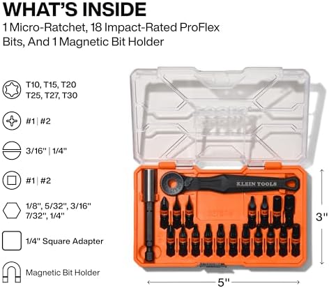 Klein Tools 32787S Slim Micro-Ratchet ProFlex Impact Driver Bit Set, 20-Piece, S2 Steel, MODbox Compatible Storage Case, Magnetic Bit Holder