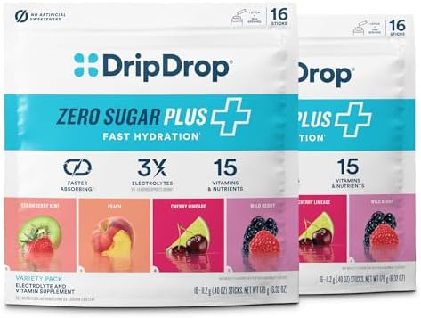 DripDrop Hydration Zero Sugar Plus Electrolyte Packets, Variety Pack, 16 Ct
