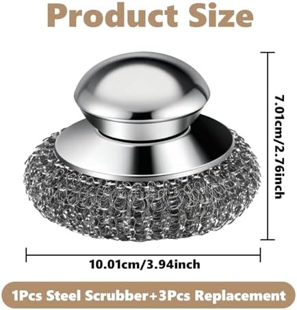 Steel Wool Scrubber, 4-Pack Stainless Steel Scrubber Pads with Handle - The Ultimate Scouring Solution for Rust, Stubborn Messes on Cookware, Grill, Oven & Kitchen Sinks