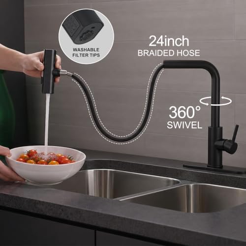 JOOM Black Waterfall Kitchen Faucet with Pull Down Sprayer & Soap Dispenser