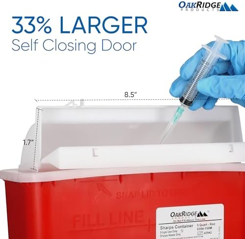 Oakridge Products Sharps Container for Home Use and Professional 5 Quart (2-Pack), Biohazard Needle and Syringe Disposal, Mailbox Style Lid, CDC Certified