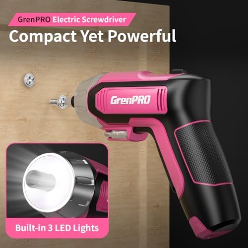 GRENPRO 4V Cordless Electric Screwdriver Set, 29-Piece, Pink