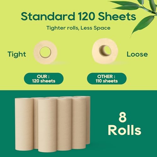 ECOlipak Bamboo Paper Towels - 8 Rolls, 2 Ply 120 Sheets- Plastic Free, Tree Free, Compostable, Disposable Kitchen Paper Towels, Soft and Absorbent, PFAS Free, Nature