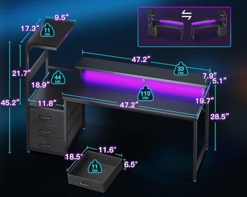 AODK Gaming Desk w/PC Showcase Stand, 59" Reversible, RGB LED