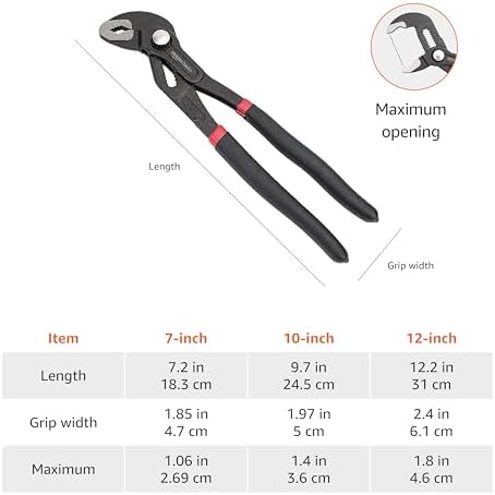 Amazon Basics 3-Piece Quick Release Groove Joint Pliers Set, Drop Forged Chrome Vanadium Steel with Comfortable Rubber Grip, Adjustable, 7-inch, 10-inch, and 12-inch, Black