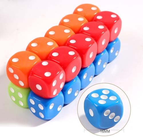 16MM Standard 6 Sided Dice Set, 50 Pieces Colorful Dice for Board Games, Classroom Math Bulk Game Dice, Make Entertainment More Exciting