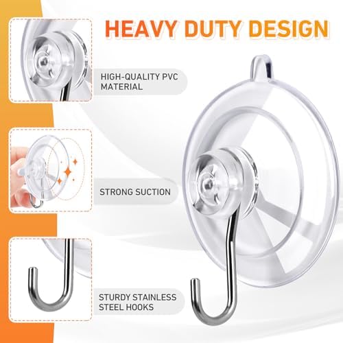 KORCCI Suction Cup Hooks 6Pack - Max Load 10LB, No Trace, Reusable & Removable, 1.77Inch Clear Medium Suction Cups, Stainless Steel Hooks, for Tile, Glass, Window, Shower, Kitchen, Bathroom, Decor