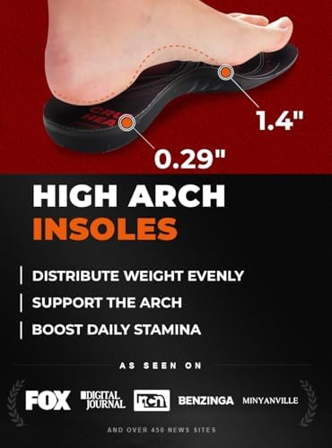 CRUVHEAL 220+ lbs Plantar Fasciitis Insoles Men High Arch Support Black, M