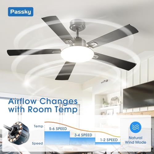 Passky 52 Inch Black Sleek Ceiling Fans with Lights, Remote Control