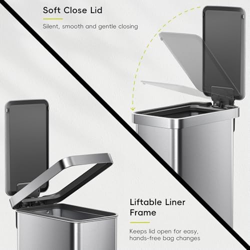 EKO Hudson Slim 50L / 13.2 Gallon Kitchen Trash Can with Lid, Stainless Steel Step Garbage Can for Kitchen or Home, Space-Saving Garbage Can with Soft Close Lid, Stay-Open, Liner Ring, Handle