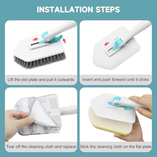 nacena Shower Scrubber with Long Handle, 3 in 1 Tile Tub Scrubber Brush with 3 Detachable Cleaning Heads Adjustable Handle Shower Cleaner Brush for Bathroom, Kitchen, Toilet, Wall, Sink, Blue White
