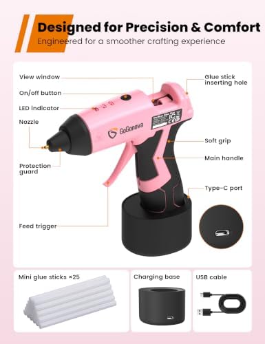 GoGonova Cordless Hot Glue Gun Kit, 2Ah Battery, Includes 25 Glue Sticks