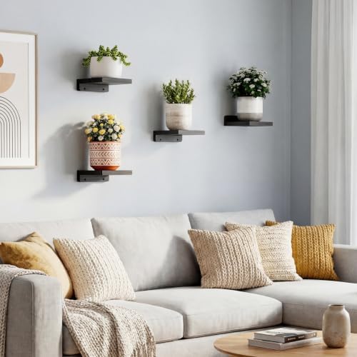 Fixwal Small Floating Shelves for Wall Decor (5Inch, Wood, Black, Set of 4)