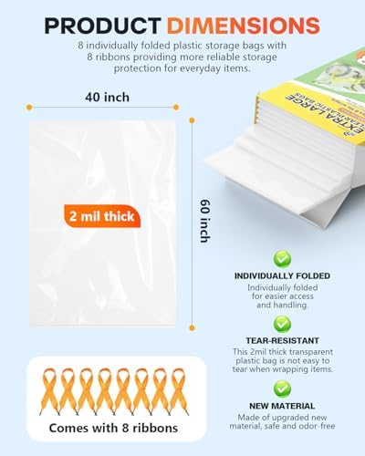 40x60 Inch Extra Large Clear Plastic Storage Bag for Luggage Cover, 8 Pack