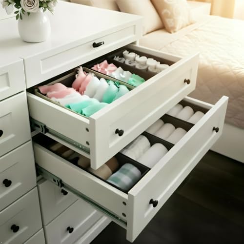 Bructhun Sock Drawer Organizer 3 Pack - Collapsible Fabric Storage Bins for Underwear Divider, Small Closet Organizers with 3 Compartments, Gray