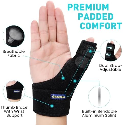 GenetGo Trigger Thumb Splint - Thumb Spica Support Brace Stabilizer for Pain, Sprains, Arthritis, Tendonitis (Right Hand or Left Hand) (Black)