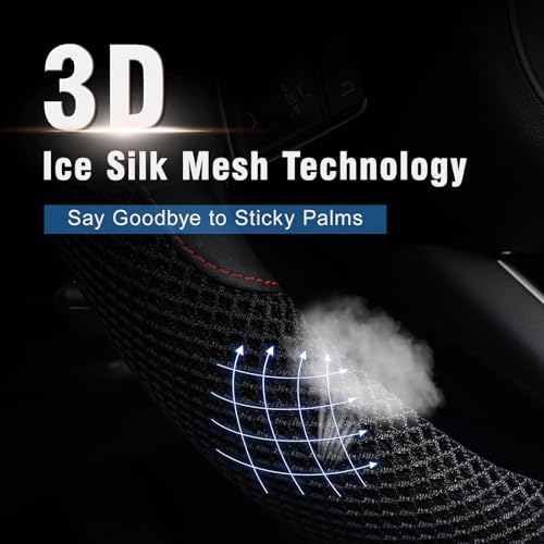 KAFEEK Steering Wheel Cover, Cooling Ice Silk Leather, 15 Inch, Black