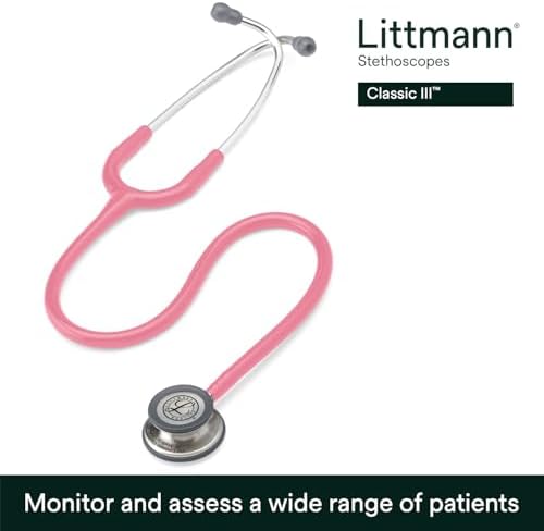 3M Littmann Classic III Monitoring Stethoscope, 5633, More Than 2X as Loud, Weighs Less, Stainless Steel Chestpiece, 27" Pearl Pink Tube