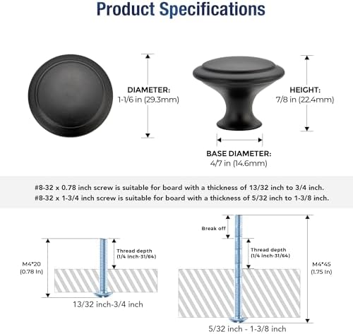 Matte Black Cabinet Drawer Hardware,30mm Kitchen Cabinet Knobs,18 Pack