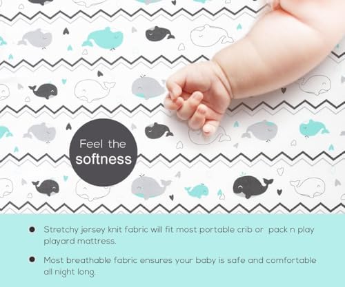 Pack n Play Sheets, BROLEX 2 Pack Mini Crib Sheets,Stretchy Portable Fitted Playard Sheet Set, Convertible Playard Mattress Cover,Ultra Soft Breathable Material,Elephant Whale