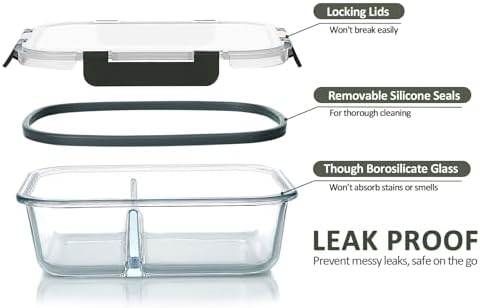 M MCIRCO 5 Pack,36 oz, 2 Compartments Glass Meal Prep Containers with Lids
