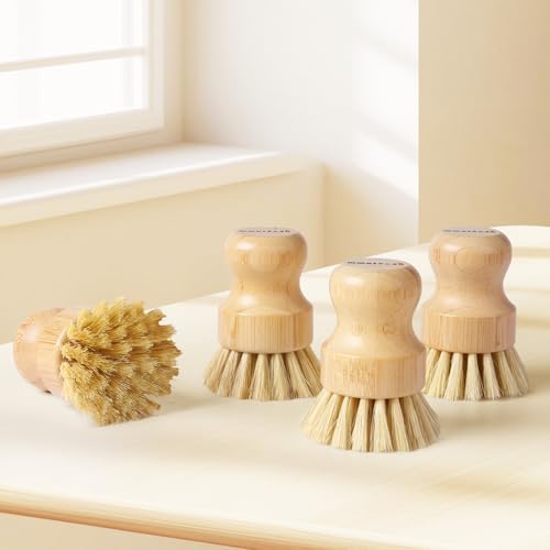 4 Pack Bamboo Dish Brush with Sisal Bristles for Kitchen Cleaning