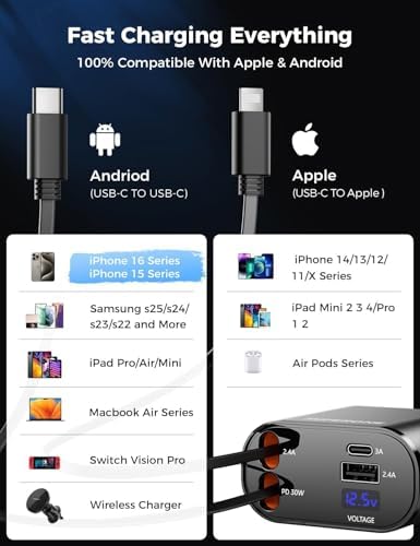 [Upgraded] SUPERONE Retractable Car Charger 4 in 1 Fast Phone Charger