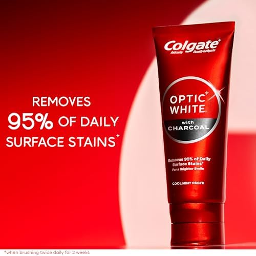 Colgate Optic White Whitening Toothpaste with Charcoal, Whitening with Charcoal Toothpaste Pack, Removes Daily Surface Stains, Enamel-Safe for Daily Use, Vegan, Cool Mint Paste, 2 Pack, 4.2 oz