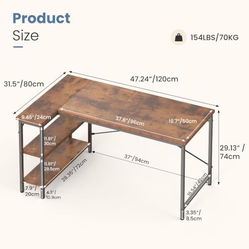 DUMOS 47" L Shaped Computer Desk, Corner Desks with Storage Shelves, Brown