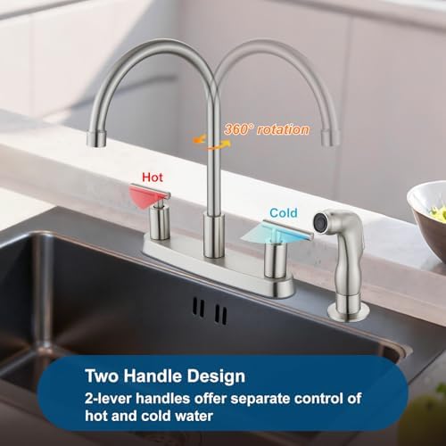 2-Handle Kitchen Faucet with Sprayer 4 Hole, Brushed Nickel