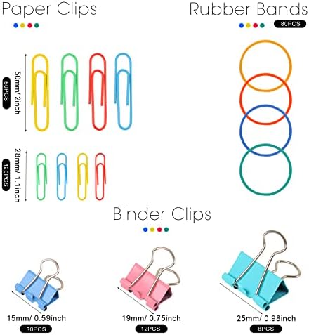 300 Pcs Binder Clips, Rubber Bands, Office Set, Paper Clips, School & Teacher Supplies for Office Desk Essentials (Assorted Sizes)