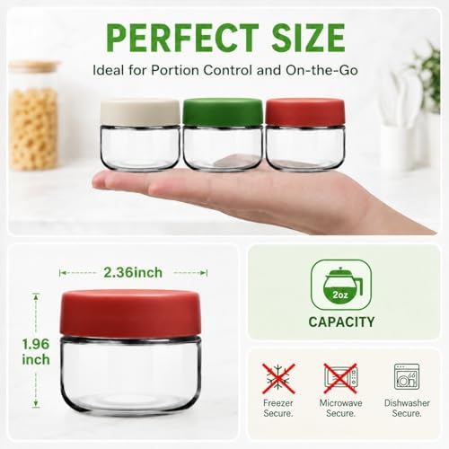EONJOE 2 oz Glass Dressing Containers With Lids, Sauce Jars for Lunch, 6pk
