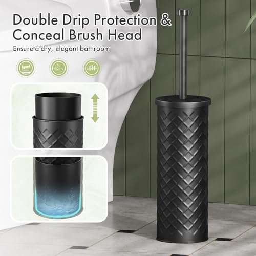 Toilet Bowl Brush and Holder Set 2 Pack with 4 Extra Brush Heads (Black)