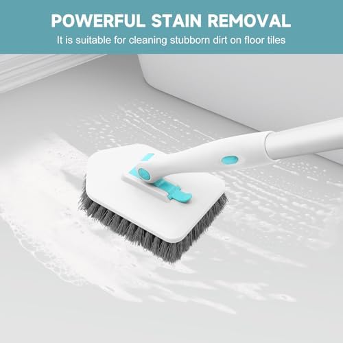nacena Shower Scrubber with Long Handle, 3 in 1 Tile Tub Scrubber Brush with 3 Detachable Cleaning Heads Adjustable Handle Shower Cleaner Brush for Bathroom, Kitchen, Toilet, Wall, Sink, Blue White