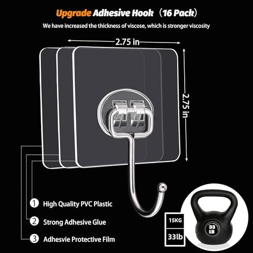 DKHDBD Adhesive Hooks 16 Pack 33lb Heavy Duty Waterproof