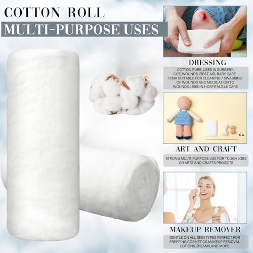 2 Pack White Cotton Rolls for Wound Care, Non-sterile Absorbent Soft Cotton
