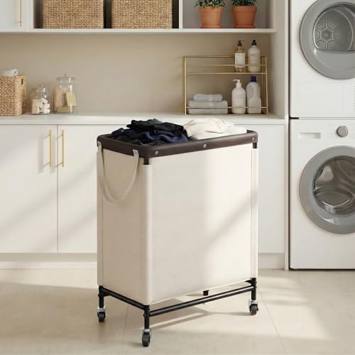 StorageWorks 2 Section Laundry Hamper, 100L Beige Sorter Cart with Wheels