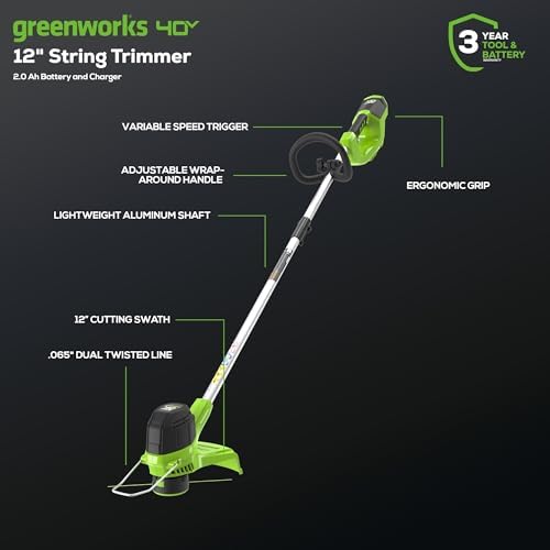 Greenworks 40V 12 in String Trimmer & 390 CFM Blower Combo, 2.0 Ah Battery