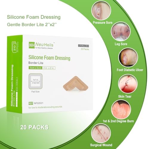 NeuHeils Silicone Foam Dressing Border Lite 2"x2", Pad 1"x1", 20 Pack