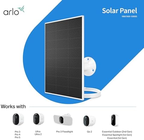 Arlo Solar Panel Charger (White), Arlo Certified Accessory, Weather Resistant, Easy Install (2025 Released), Works with: Essential Series, Go 2, Pro 3/4/5S/6/6 XL, Ultra Series, Wireless Floodlights