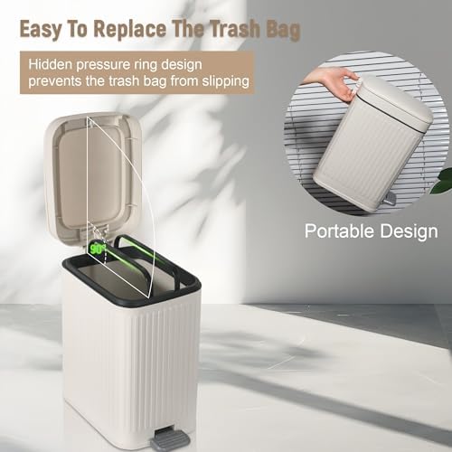 Small Bathroom Trash Can with Lid, 1.9 Gallon Slim Soft Close Step, Cream