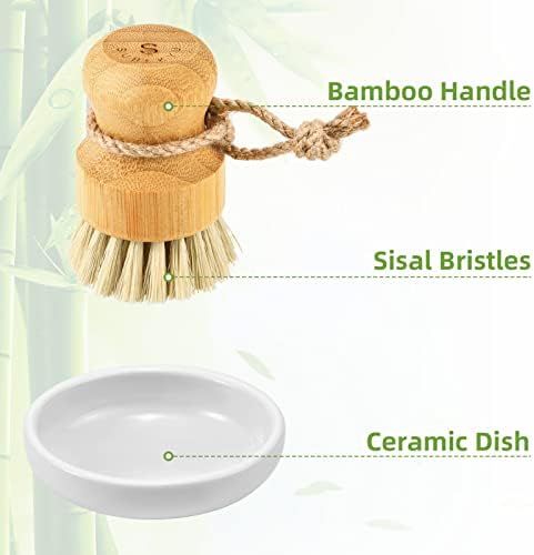 SUBEKYU Bamboo Dish Scrub Brush,Produce Brush,3 Pack with Ceramic Holder