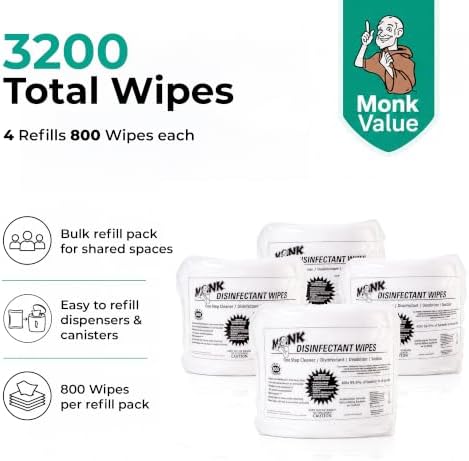Monk Disinfecting Wipes (4 Refills of 800 Count) for Commercial Facilities