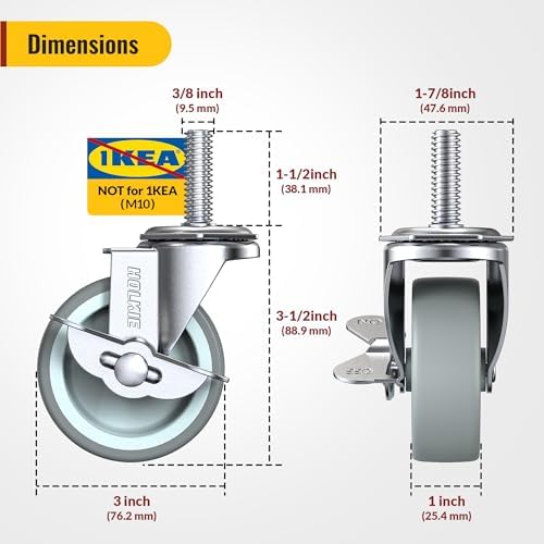 HOLKIE Stem Casters Wheels Set of 4 Standard US 3/8"-16 x 1-1/2" with Brake