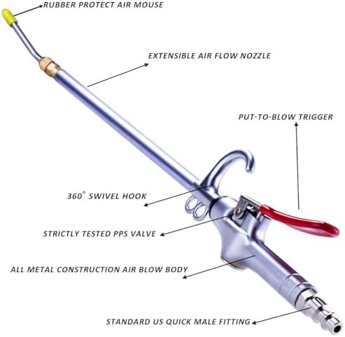 High Volume Industrial Air Blow Gun, 17-26 Inch Extensible Steel Nozzle