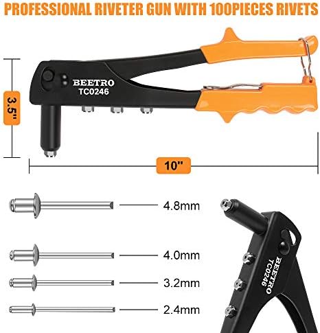 BEETRO Heavy Duty Hand Riveter, Rivet Gun, 3/32"-1/8"-5/32"-3/16", 4 Nosepieces Set Includes 100pcs Rivets, Durable and Suitable for Metal, Plastic and Leather
